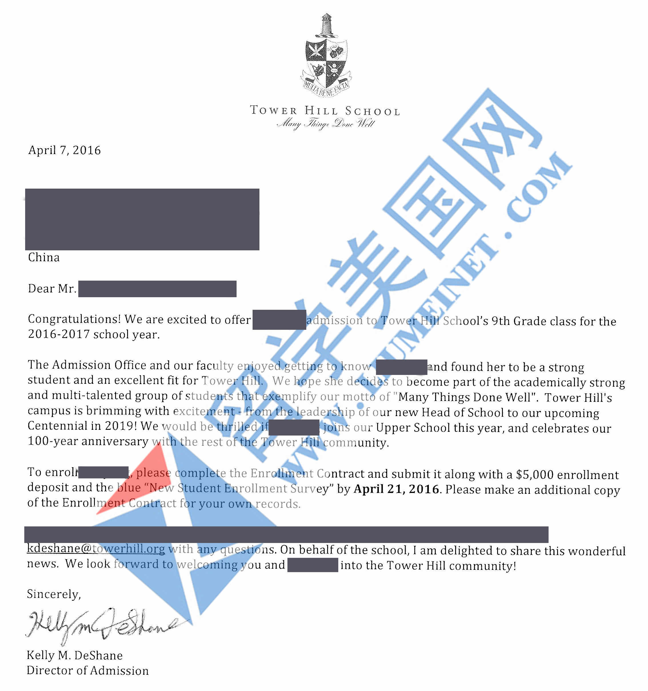 恭喜W同学获走读前50塔山高中Tower Hill School 录取!